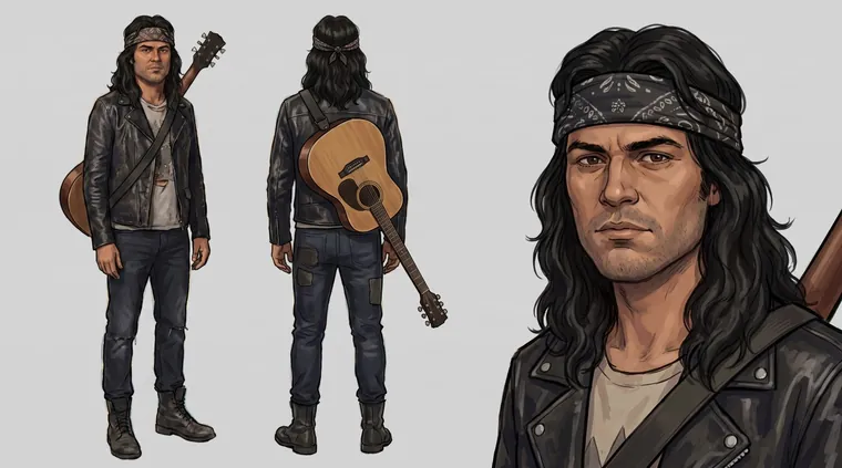 Hoja de diseño del protagonista, estilo cómic rotoscopiado